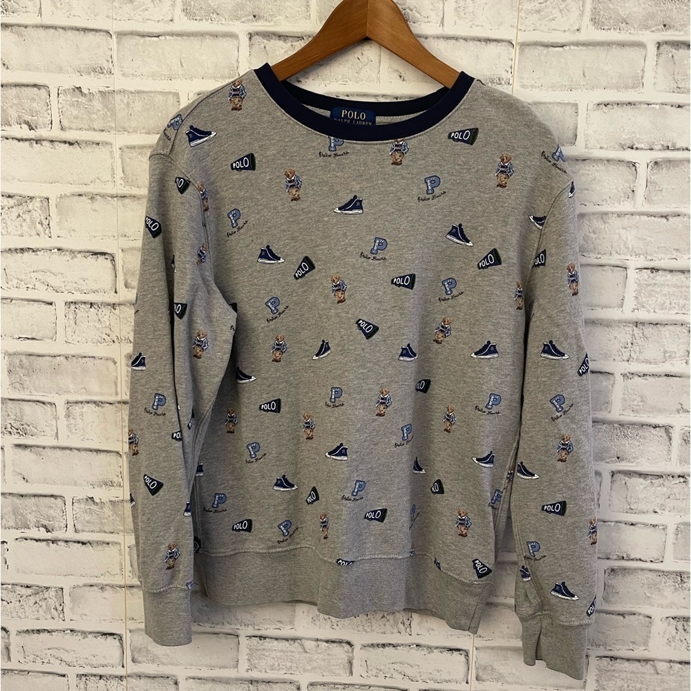 NWOT Boy’s POLO Ralph Lauren gray Polo bears sneakers crew neck sweatshirt Lg
